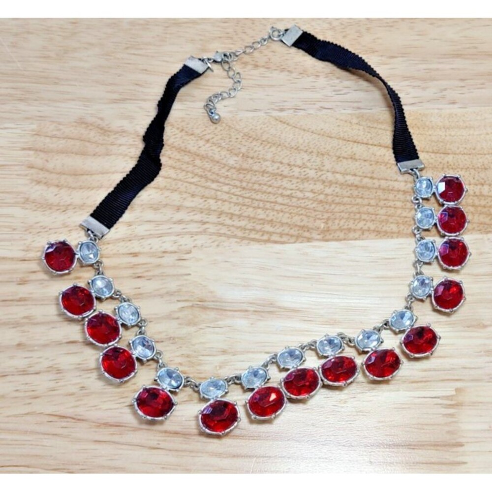 Vintage NRT Signed Red Rhinestone Choker Necklace Silver Tone 80s Glam Retro